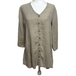 FLAX 100% Linen Tunic Top Beige Button Front Lagenlook Pockets Minimalist S/P